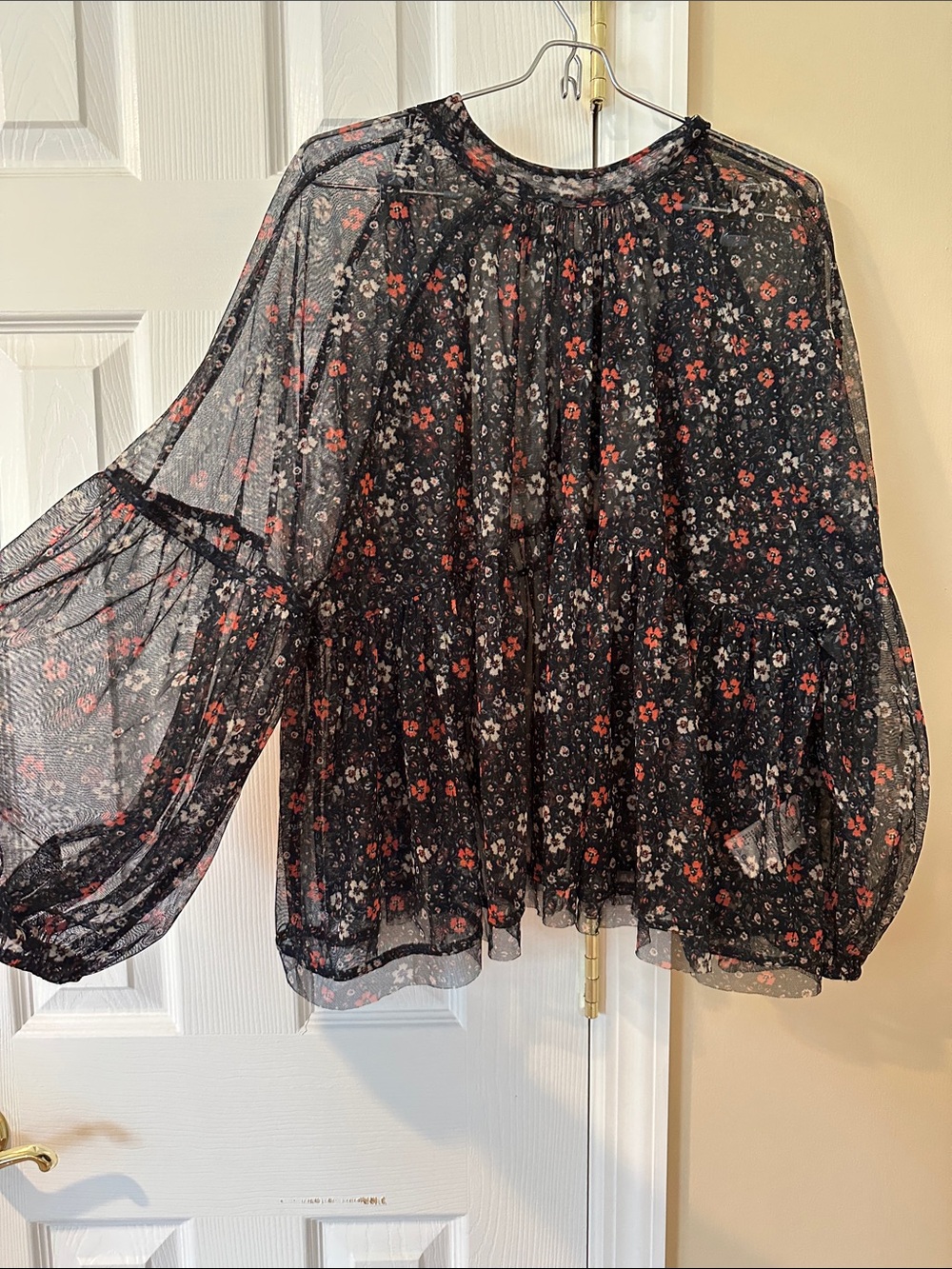 Free People Black Sheer Floral Poet Blouse